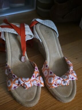 J. Crew Beige Espadrille Wedge Sandals with Orange and Pink Accents
